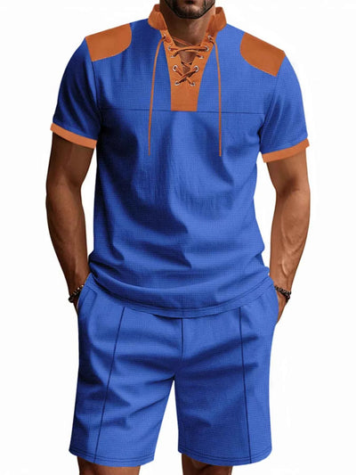 Men's Full Size Lace-Up Collar Casual Top and Shorts Set Plus Size