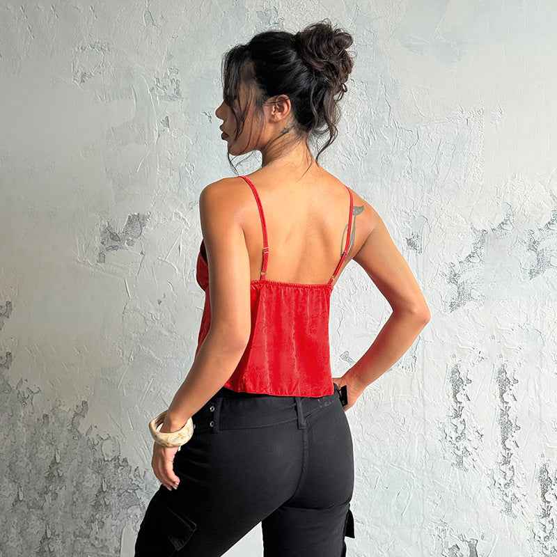 Satin Jacquard Slip Cami Top - V-Neck Loose Fit