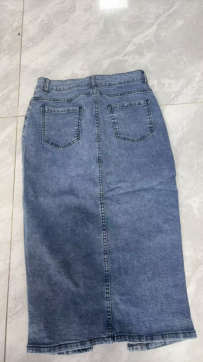 Button Front Denim Midi Skirt - Bodycon Fit Front Slit Patch Pockets