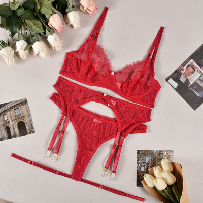 Lace Pearl Garter Set - 4PC See-Through Lingerie