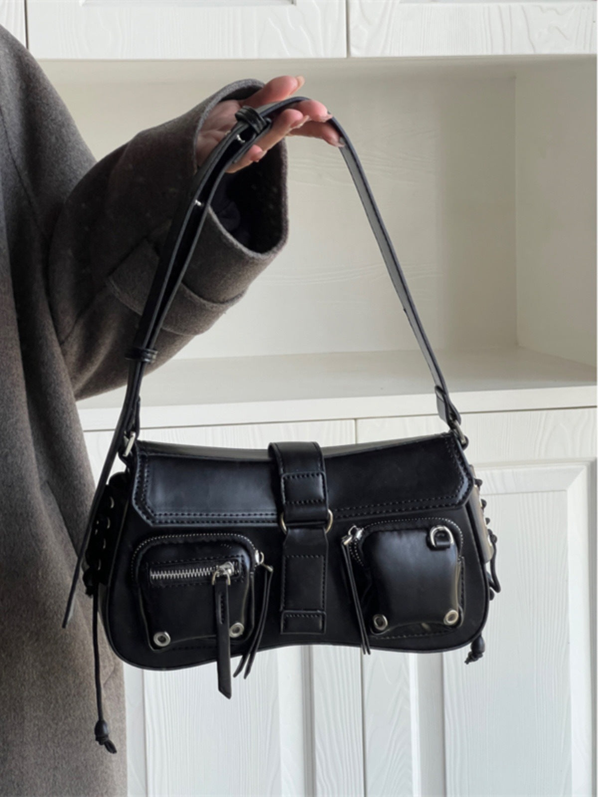 Utility Shoulder Bag - Zip Pockets and Metal Hardware