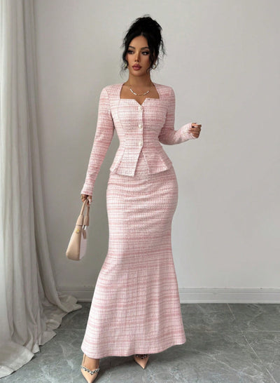 Pink plaid fitted peplum top with long sleeves and matching flared maxi skirt