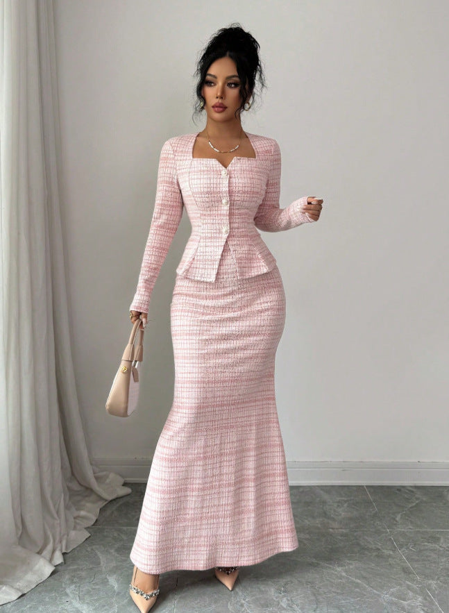 Pink plaid fitted peplum top with long sleeves and matching flared maxi skirt