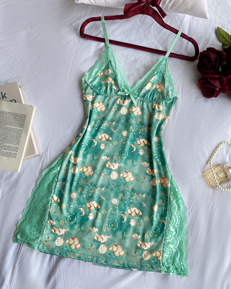 Lace Nightgown - Graphic Print Deep V-Neck Babydoll