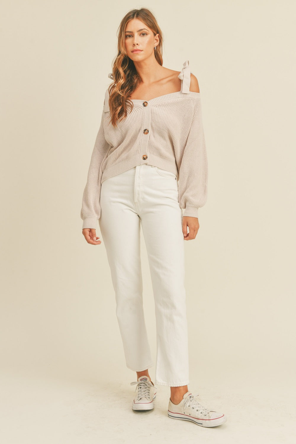 MABLE Off Shoulder Self Tie Strap Button Down Sweater - Fashions Envy