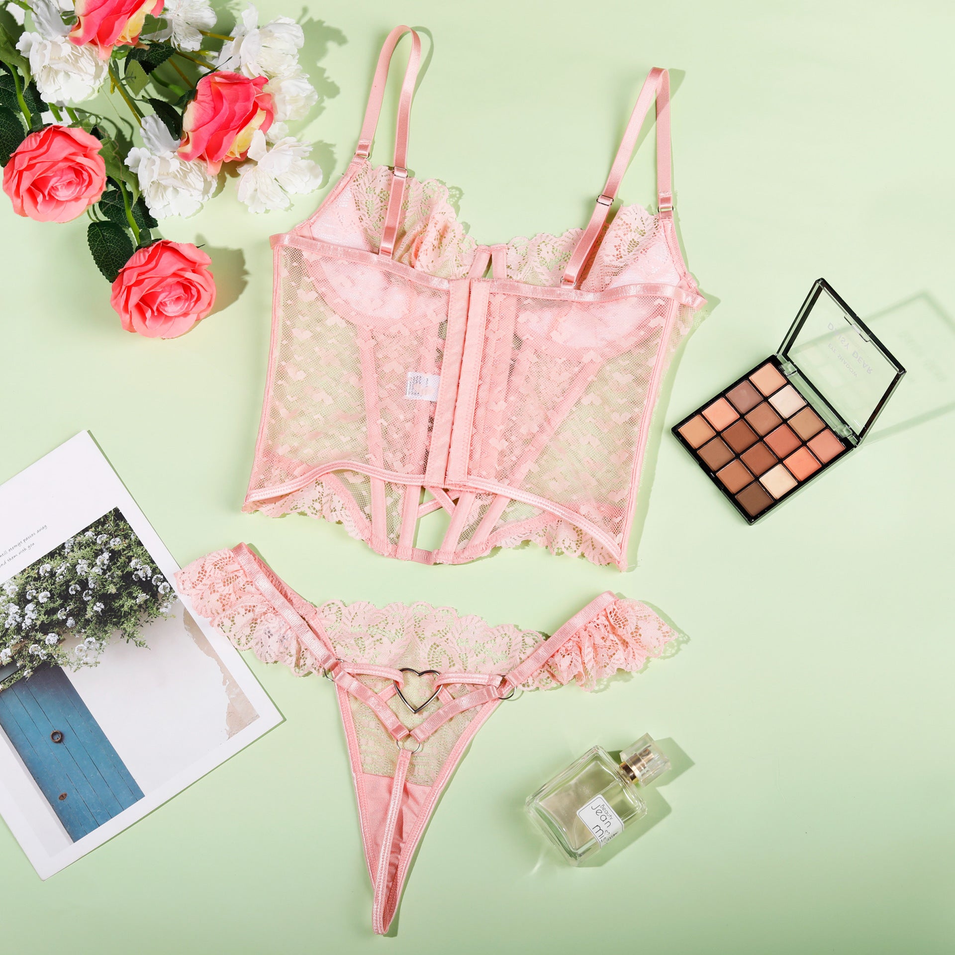 Lace Pink Lingerie Set - Heart Ring Corset and Thong