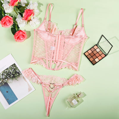 Lace Pink Lingerie Set - Heart Ring Corset and Thong