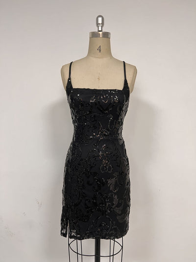 Black sequin mini dress with thin straps and fitted waist