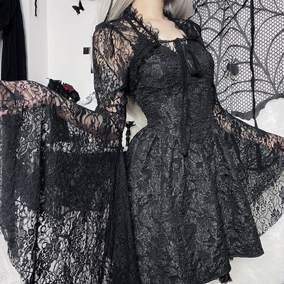 Black Lace Cropped Top - Dramatic Flared Sleeve Shrug