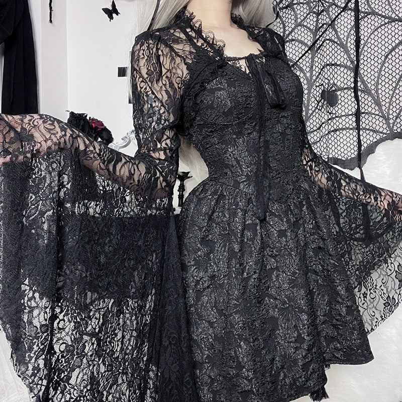 Black Lace Cropped Top - Dramatic Flared Sleeve Shrug