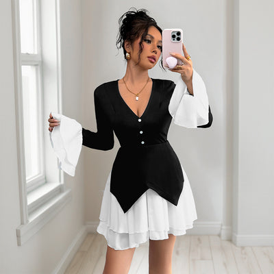 Elegant Color Block Long Sleeve Pleated Ruffle Trim Mini Dress