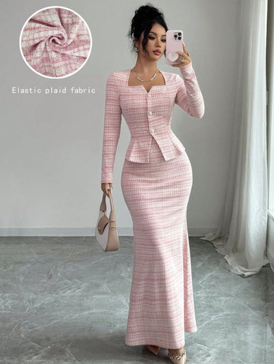 Pink plaid peplum top and maxi skirt set with flared hem, long sleeves