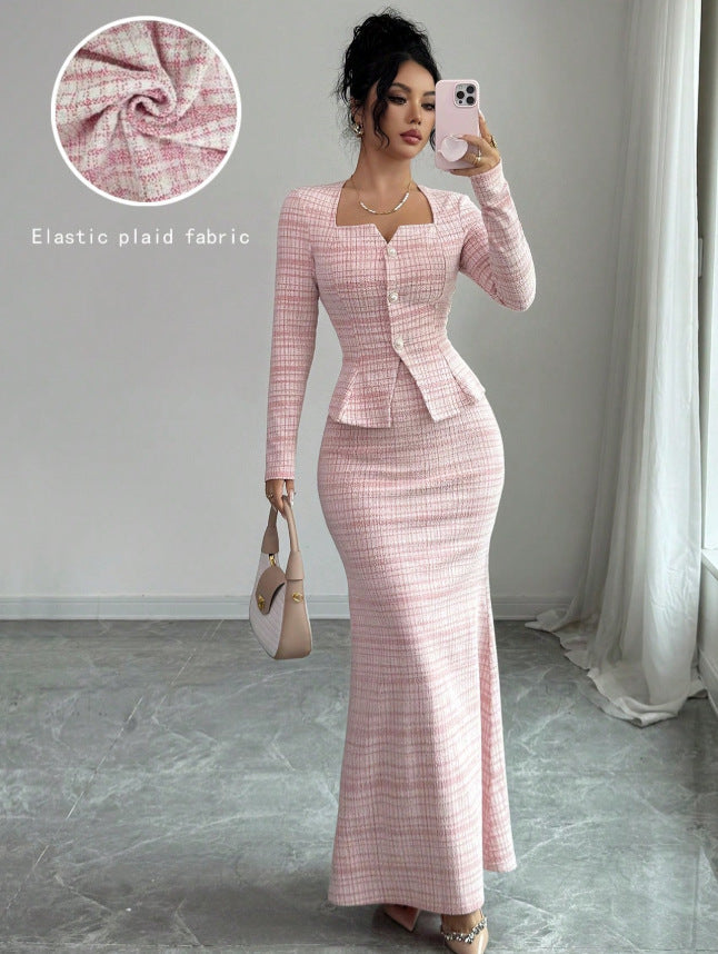 Pink plaid peplum top and maxi skirt set with flared hem, long sleeves
