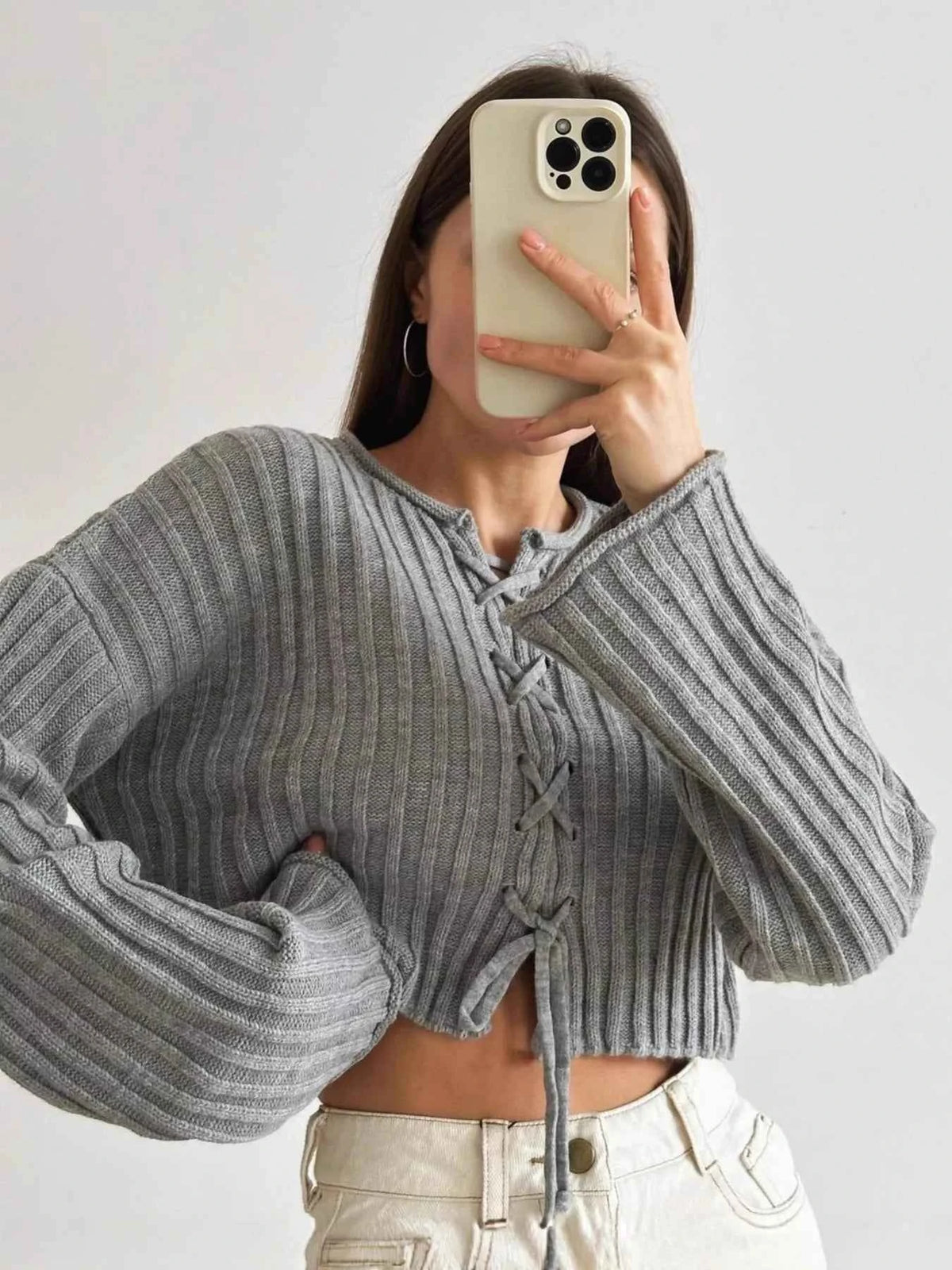 Ribbed Lace-Up Crop Sweater