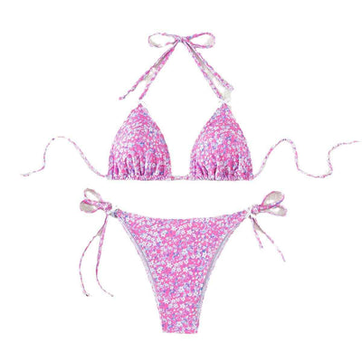 Floral Triangle Bikini - Lace Up Front Tie Bottoms Set