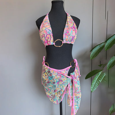 Pink Sequin Bikini Set - Matching Piped Sarong
