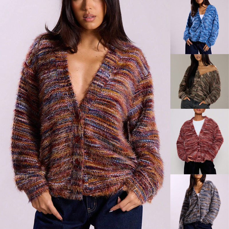 Melange Fleece Long Sleeve Cardigan - Vintage Deep V-Neck