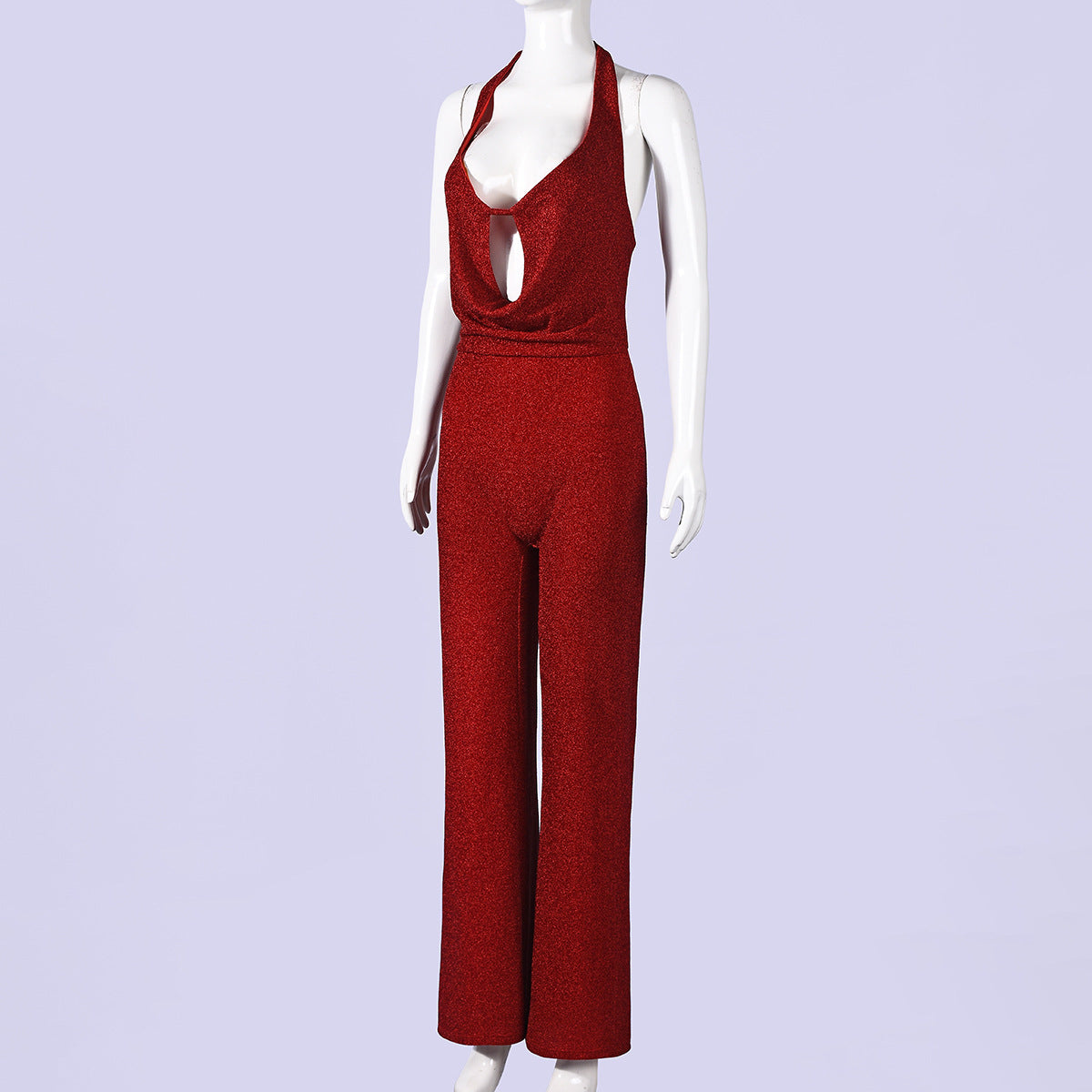 Red Halter Tie Backless Jumpsuit - Deep V Keyhole Wide Leg Flare