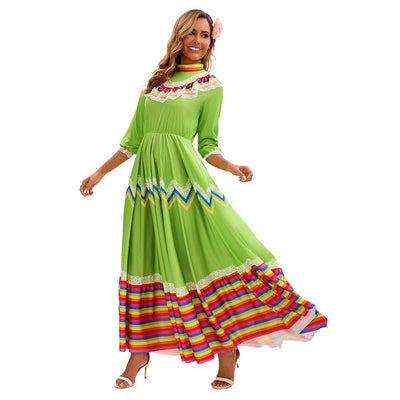 Folkloric Maxi Skirt Costume Dress - Rainbow Stripe Ruffle Hem