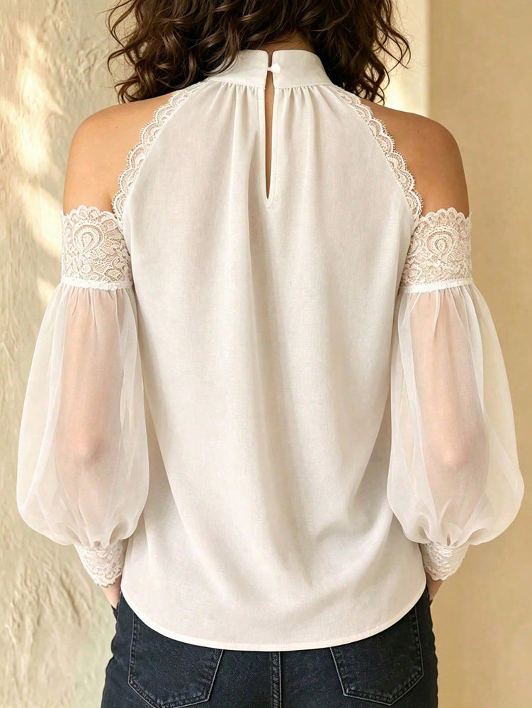 Lace-Trim Cold-Shoulder Blouse - Sheer Balloon Sleeves