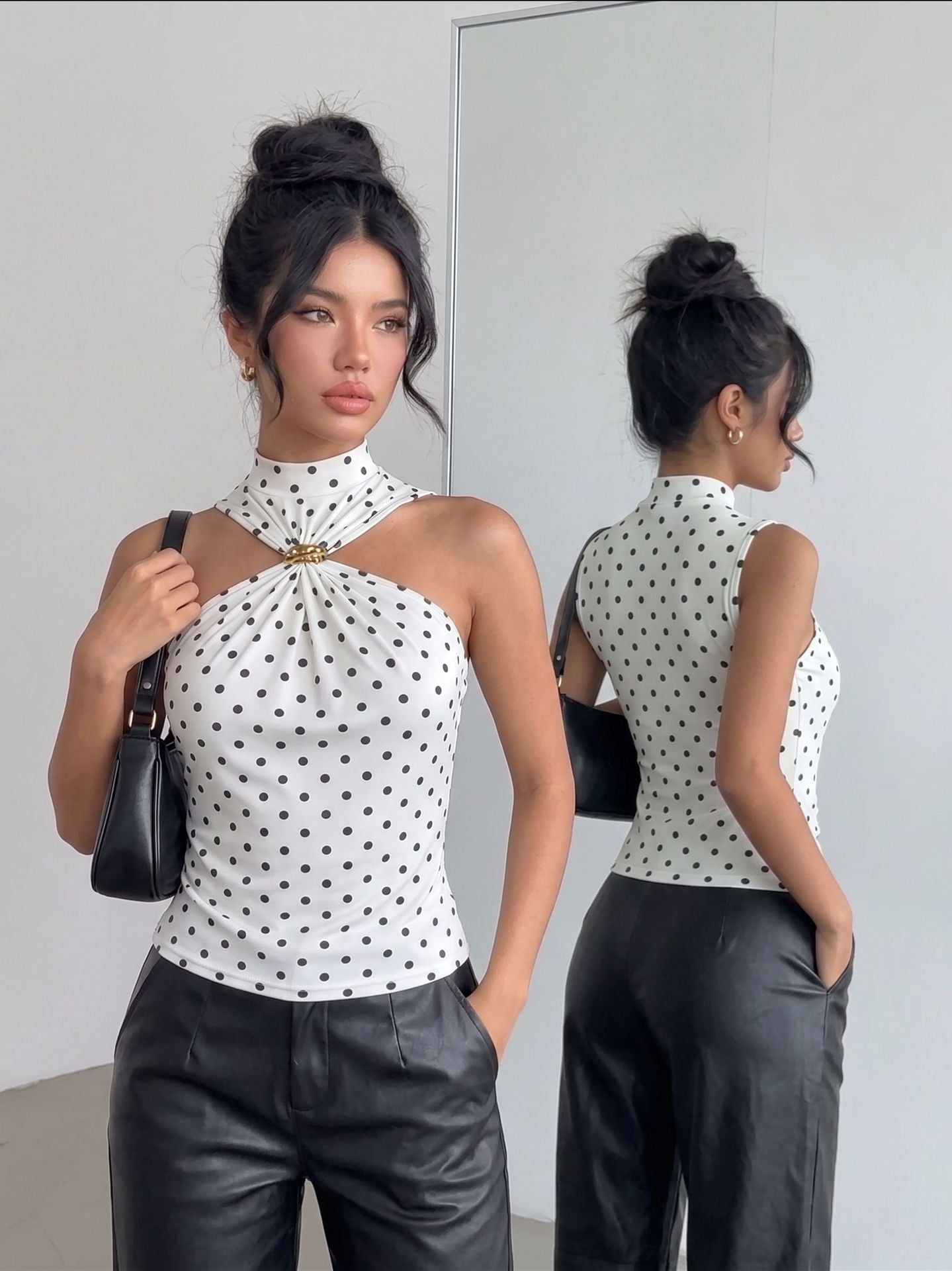 White Polka Dot Halter Top - Mock Neck Gold Brooch