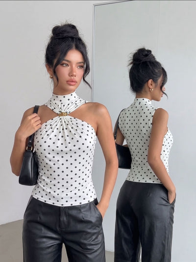 White Polka Dot Halter Top - Mock Neck Gold Brooch