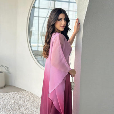 Ombre satin maxi dress with sheer draped batwing sleeves, pink-purple ombre