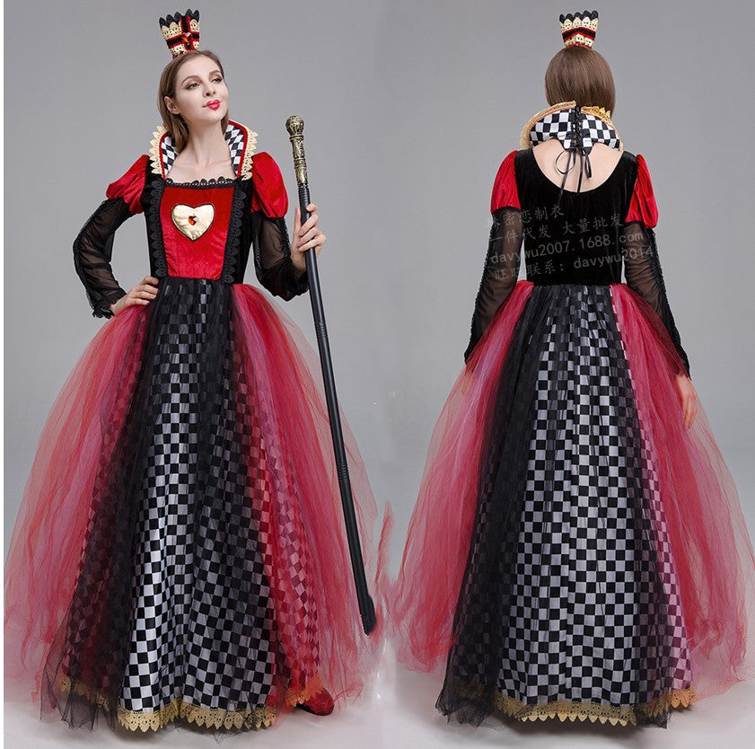 Queen of Hearts costume dress, red heart bodice, black checker skirt, red tulle overlay
