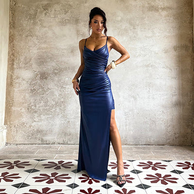Navy Blue Maxi Dress - One Shoulder Split Hip Gown