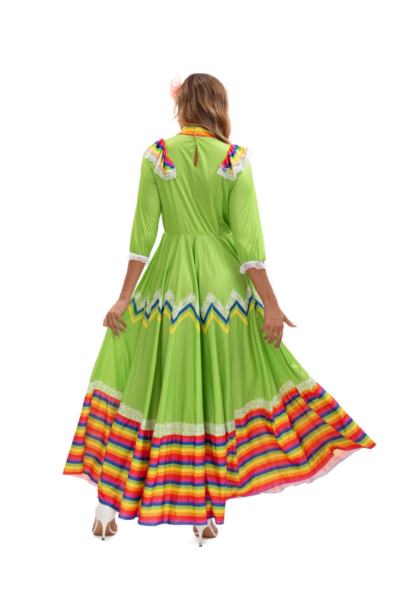 Folkloric Maxi Skirt Costume Dress - Rainbow Stripe Ruffle Hem