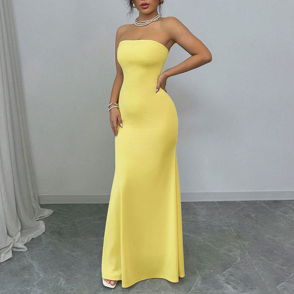 Yellow Strapless Maxi Dress - Lace Up Corset Back