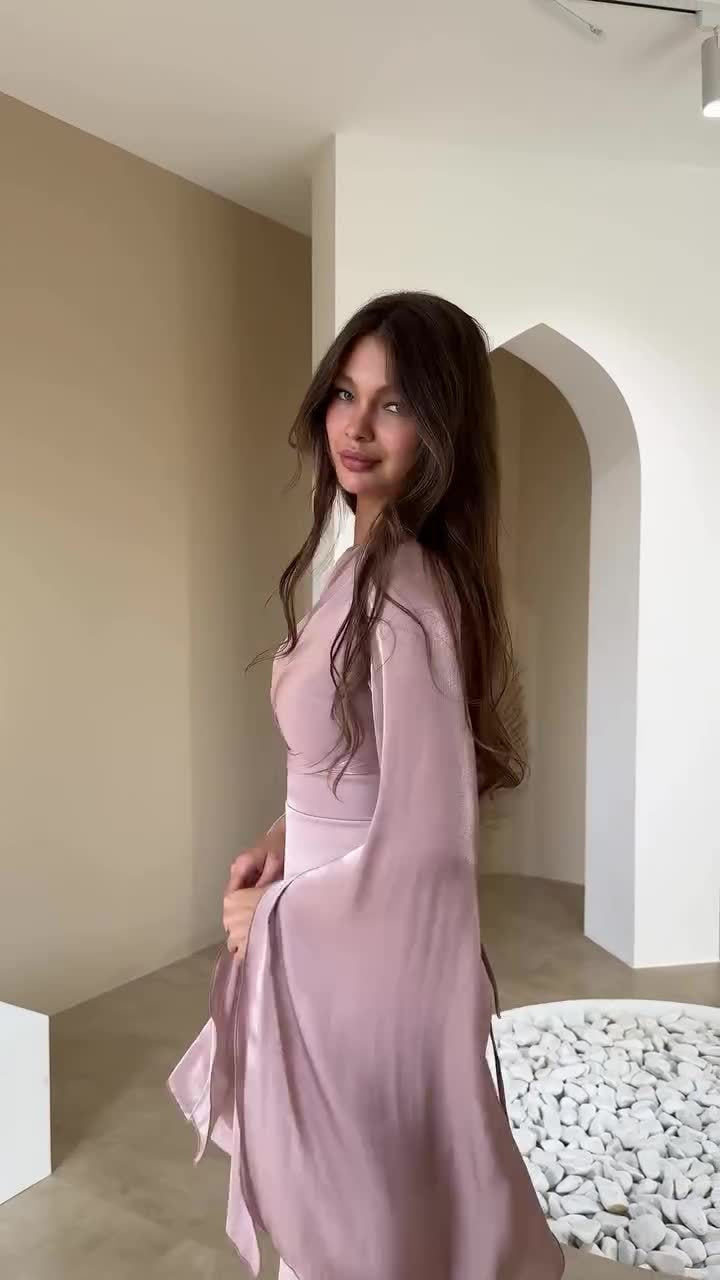 Long Sleeve Maxi Dress - Draped Bodice and Split Sleeves