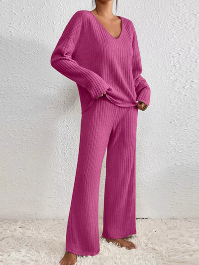 Ribbed Loungewear Set - V-Neck Top Wide-Leg Pants - Fashions Envy