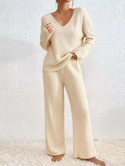 Ribbed Loungewear Set - V-Neck Top Wide-Leg Pants - Fashions Envy