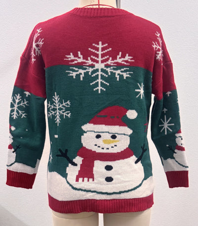 Back view red crewneck Christmas sweater with snowman and snowflakes, ribbed hem