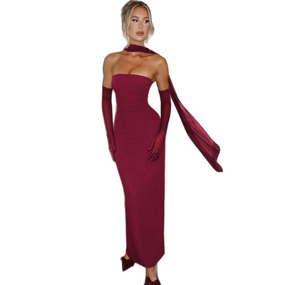 Scarf Tie Strapless Maxi Dress - Column Gown with Mesh Gloves