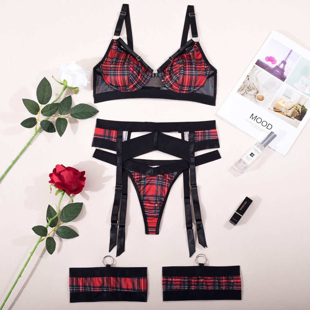 Printed Garter Lingerie Set - Strappy Bra And Thigh Bands