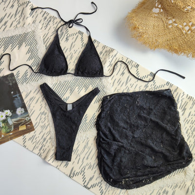 Lace Triangle Halter Bikini Set - Three Piece with Mini Skirt