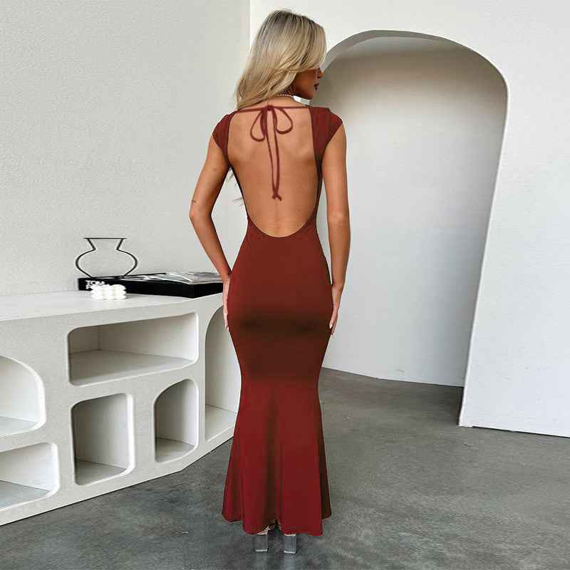 Backless Maxi Dress - Short Sleeve Round Neck