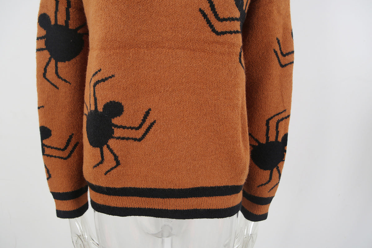 Halloween Spider Knit Sweater - Striped Ribbed Crewneck