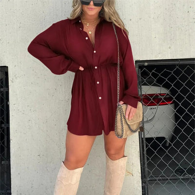 Mini Shirt Dress - Long Sleeve Button Up Style