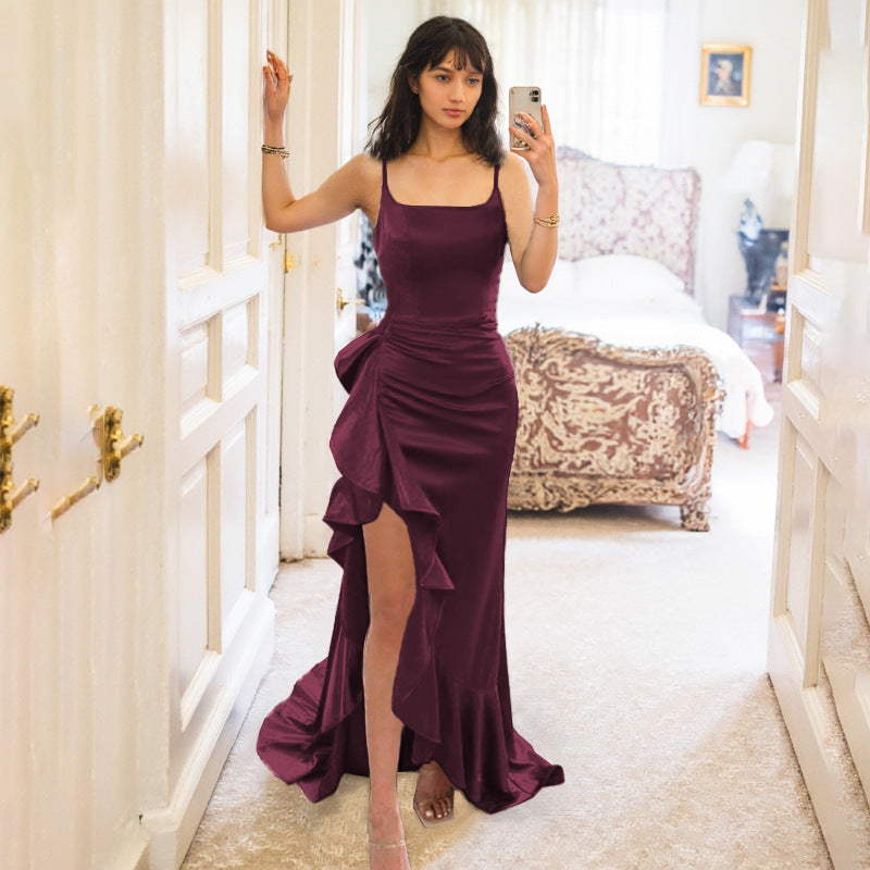 Satin Ruffle Hem Maxi Dress - Spaghetti Strap Asymmetric Slit Gown