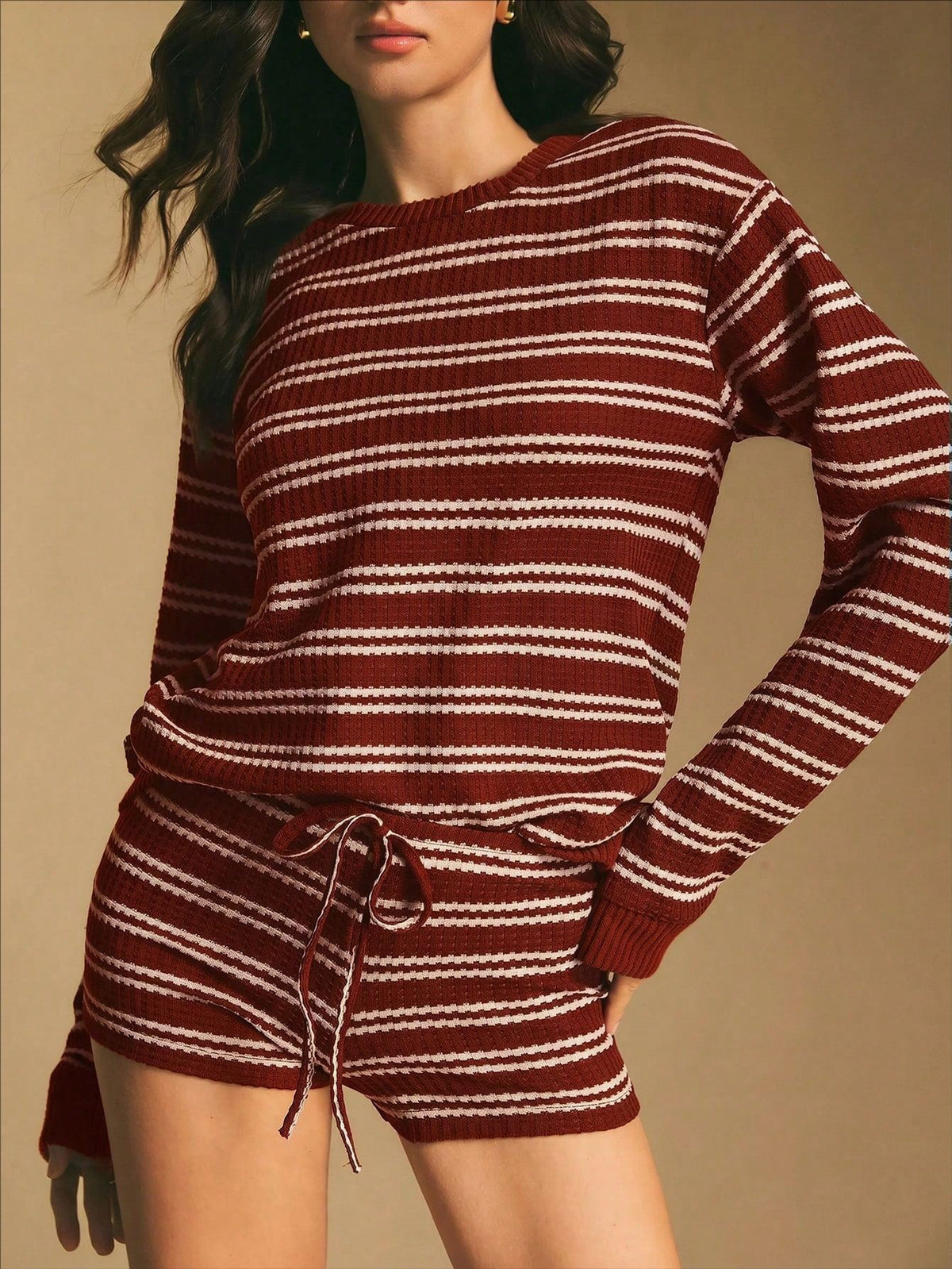Striped Long-Sleeve Top and Shorts Set - Drawstring Waist Detail