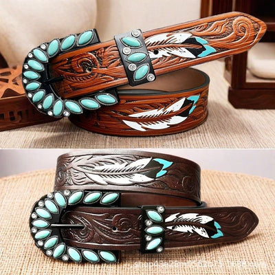 Western feather belt in brown leather with turquoise stone inlay and engraved buckle