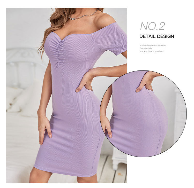 Lilac off-shoulder ruched-bust dress with ribbed texture detail on bodice and skirt