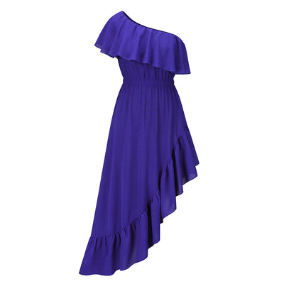 Sloping Shoulder Ruffle Prom Dress - Romantic Maxi Gown
