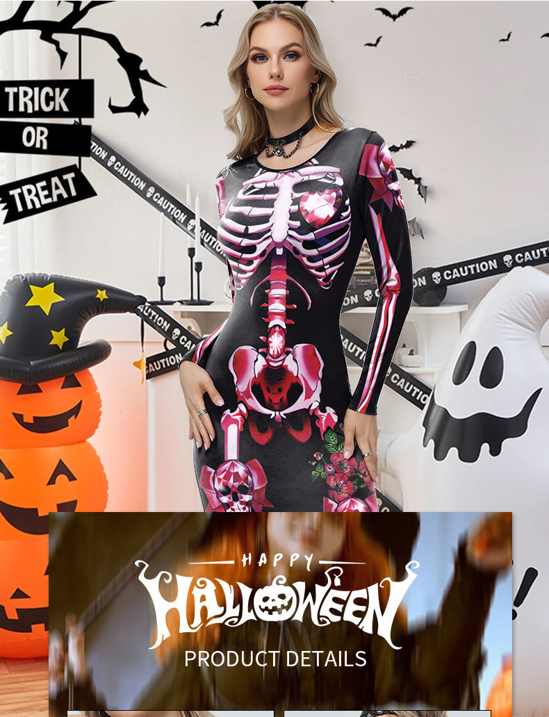 Halloween Skeleton Maxi Dress - Pink Bows & Long Sleeves