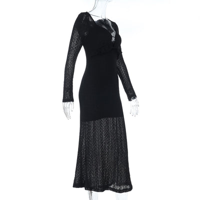 Ribbed Evening Gown - Long Sleeve V-Neck Bodycon Dress - Fashions Envy
