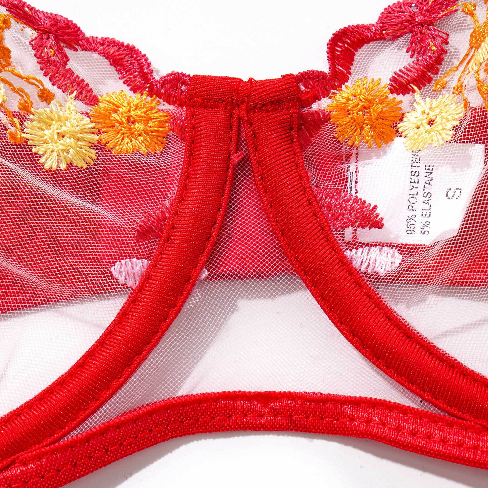 Red Embroidered Lingerie Set - Underwire Bra Garter Belt Thong