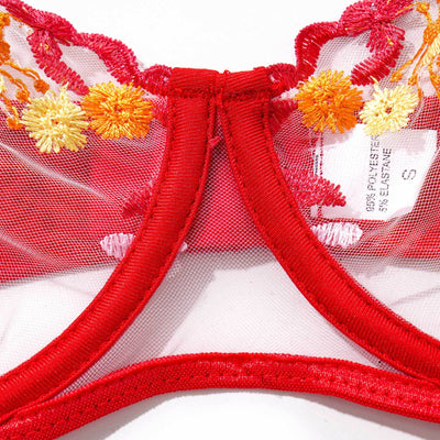 Red Embroidered Lingerie Set - Underwire Bra Garter Belt Thong